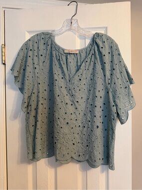 LOFT Sage Green Eyelet Flutter Sleeve Blouse